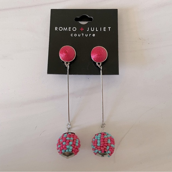 Romeo + Juliet Couture Long Earrings- Pink and Blue- Beaded- Mixed Media - Picture 1 of 3